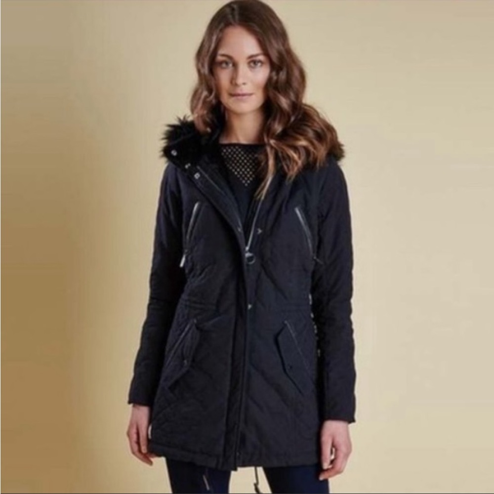 Barbour Black Land Rover Terrain Quilted Parka Size 4